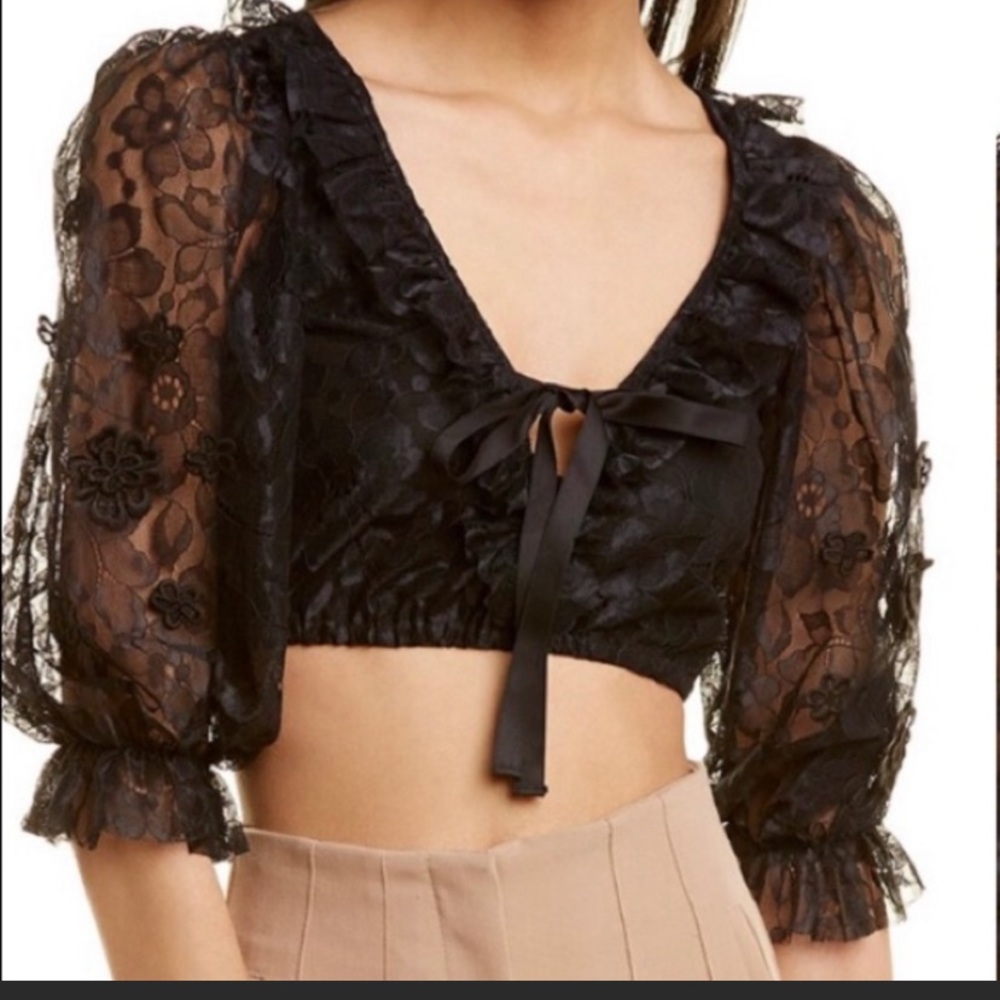 For Love & Lemons Black Lace Crop Top with Ribbon Tie